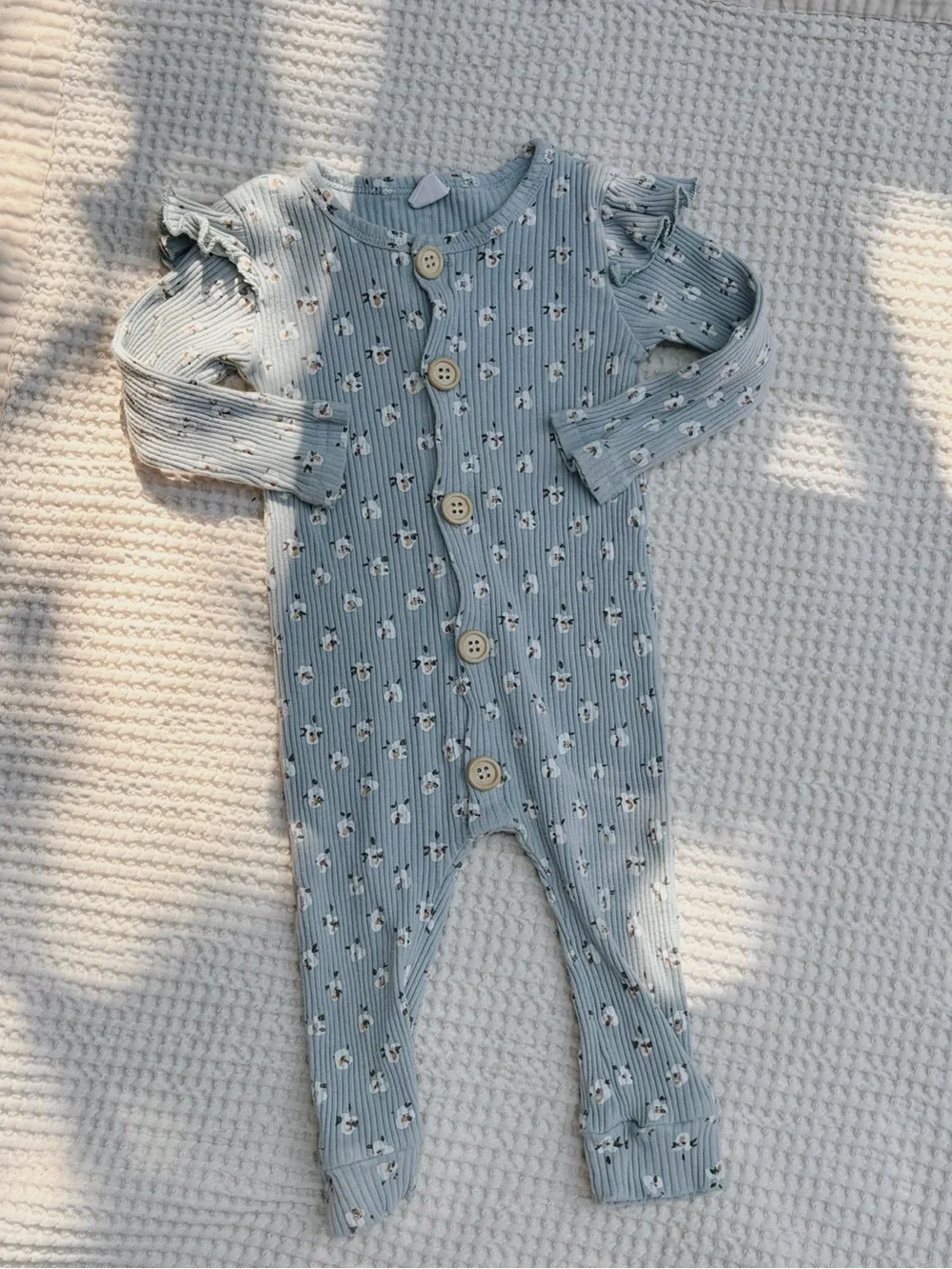 Light Blue Floral Ribbed Romper with Buttons